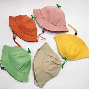 Cute cotton baby bucket hats with green sprout detail in five colors with chin straps