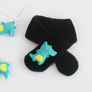 Detailed view of kids plush dinosaur scarf made of soft black faux rabbit fur material