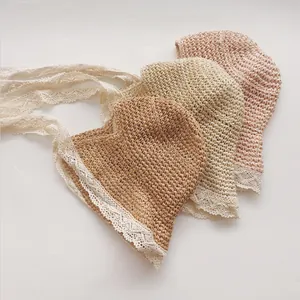 Chapeau de Soleil en Paille de Papier Dentelle Pour Enfants Filles Femmes Vintage Pastoral Tissé à la Main Pare-soleil Plage
