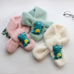 Children Faux Rabbit Fur Plush Scarf With Cartoon Crocodile Dinosaur Doll Winter Warm Cross Neck Warmer For Boys Girls
