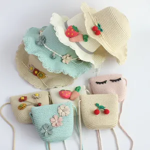 Kinder Mädchen Sommer Strohhut Passende Tasche Blumen Erdbeere Hase Dekoration Outdoor Strand Sonnenschutz Kappe