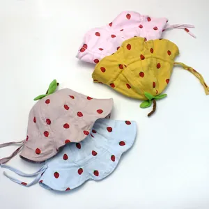 Cute strawberry baby sun hats with wide brim and chin strap in multiple colors