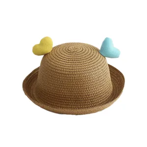 Cute kids straw sun hat featuring colorful 3D heart accents and a classic rolled brim