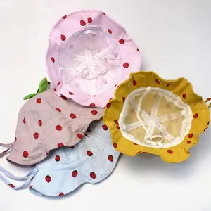 Toddler sun hats with strawberry print, wide brim and mesh lining in four colors