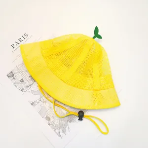 Breathable yellow baby sun hat with green sprout detail and adjustable chin strap