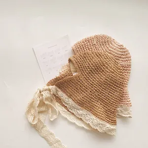 Chapeau de soleil en paille fait main avec dentelle et rubans pour enfants et femmes rétro