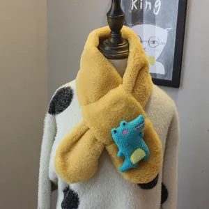 Cozy yellow plush dinosaur scarf for kids with soft faux fur and cute crocodile design