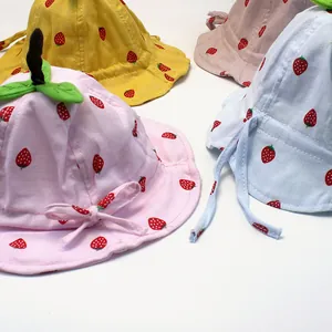Kids strawberry bucket hat in pink, yellow and blue for sun protection outdoor