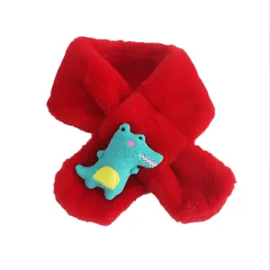 Kids plush dinosaur scarf in bright red faux fur with a cute cartoon crocodile detail