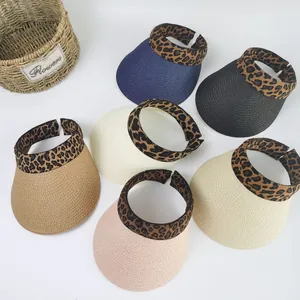 Women Leopard Print Empty Top Straw Sun Hat Wide Brim Foldable Beach Resort Visor Hat For Summer Vacation