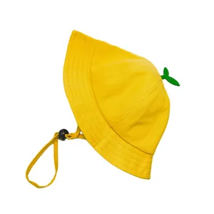 Cute yellow cotton baby bucket hat with green sprout leaves and adjustable chin strap