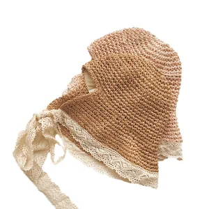 Chapeau de soleil en paille pour filles avec dentelle blanche et rubans de fixation