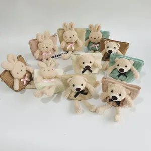 Cute Kids Mini Straw Woven Crossbody Bag 3D Plush Rabbit Bear Cartoon Coin Purse For Girls Summer Beach Travel Gift Bag