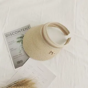 Dettaglio della visiera in paglia beige con un piccolo fiocco dorato su tessuto materico