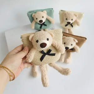 Kids woven mini crossbody bags with cute 3D plush bears in green beige and brown colors