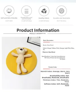 Detailed size guide for yellow wool beret featuring 3D teddy bear and sizing specs