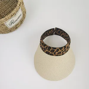 Leopard print open top straw sun hat with beige woven brim for summer beach vacations