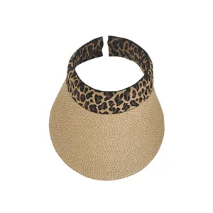 Straw visor hat with leopard print headband for beach sun protection and summer vacations