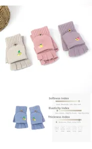 Detail view of knitted convertible gloves with fruit embroidery and button closure