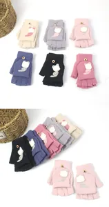 Detailed flat lay of knitted convertible cat mittens in six colors with button closure