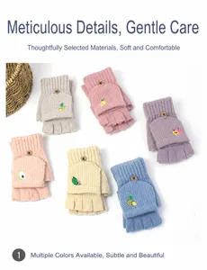 Detail showing knit flip top gloves with fruit embroidery and button closure in macaron colors