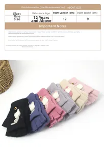 Size chart for cartoon cat flip-top gloves with dimensions and age recommendations