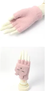 Detailed view of pink fleece fingerless gloves featuring cute cat face embroidery