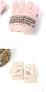 Detailed close-up of thickened thermal fleece lining on pink knitted cat flip gloves