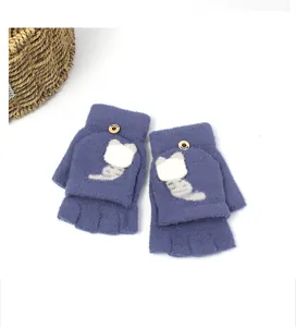Detail view of navy knit flip top gloves with cute cat design and secure button