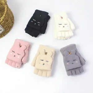 Women Winter Knitted Flip Top Gloves Cartoon Rabbit Cat Embroidered Half Finger Mitten Warm Convertible Writing Typing Gloves