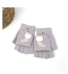 Detail of dark grey knitted flip-top gloves with cartoon cat design and wooden buttons