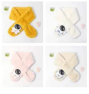 Detailed grid of plush kids scarves featuring astronaut patches in four soft colors