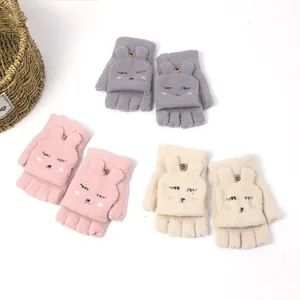Winter thermal convertible flip top knitted gloves with cute cartoon rabbit design