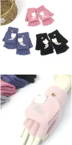 Detail of knitted convertible flip top gloves with cute cat embroidery and metal button