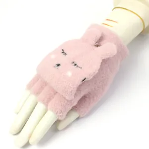 Pink plush flip-top fingerless gloves with rabbit design on white model display