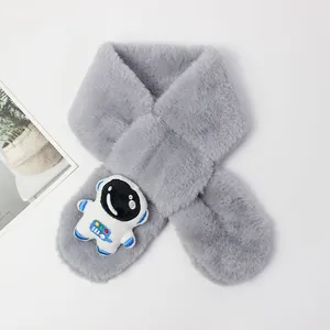 Kids Plush Scarf Astronaut Pattern Faux Fur Neck Warmer Thick Warm Cross Wrap Scarf For Boys Girls Toddler Winter Accessory