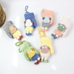 Children Winter Warm Knitted Mittens With 3D Cartoon Lamb Anti-Lost Hanging Neck Fleece Lined Gloves For Toddlers Kids