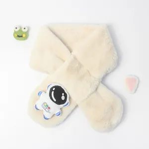 Plush faux fur scarf for kids featuring a cute astronaut patch in cream white color