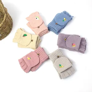 Winter knitted convertible flip-top gloves with fruit embroidery and wooden buttons