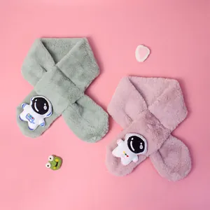 Plush faux rabbit fur scarves for kids featuring cute astronaut patches in green and pink