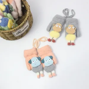 Plush lamb cartoon mittens with neck cord for kids, available in grey and pink fleece