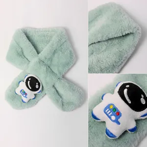 Kids mint green faux fur neck warmer with astronaut patch for winter warmth