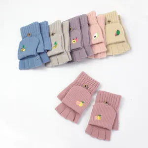 Knitted convertible fingerless gloves with fruit embroidery in multiple pastel colors