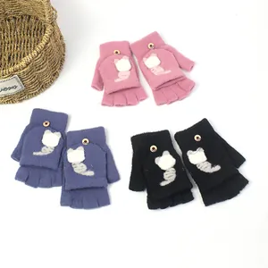 Convertible fingerless knit gloves with cute cartoon cat flap in pink purple and black