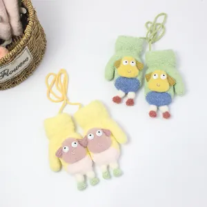Kids warm fleece mittens with neck string and 3D lamb decoration for ages 2-5