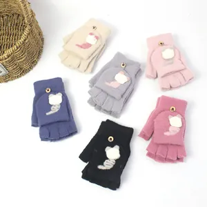 Cozy knit convertible flip-top gloves with cute cat design in six assorted winter colors
