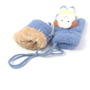 Blue fleece-lined winter mittens for kids with white sheep cartoon and neck strap