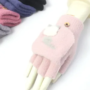 Women's pink knit flip-top gloves with cartoon cat pattern and half-finger design