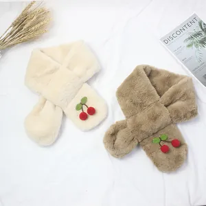 Plush winter scarf for children with cute cherry decor in beige and light brown colors