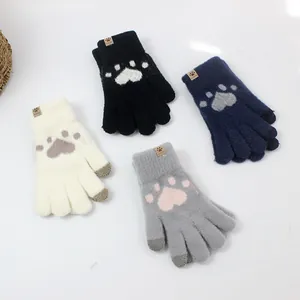 Knitted touch screen gloves for women with cute cat paw patterns in four assorted colors